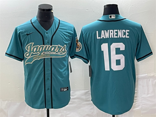 Men's Teal Jacksonville Jaguars #16 Trevor Lawrence With Patch Cool Base Stitched Baseball Jersey